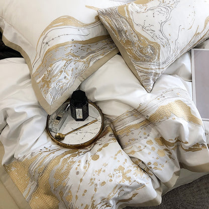 Luxury Gold Marble Stone Embroidered Linen Duvet Cover Set, 1000TC Egyptian Cotton Bedding Set