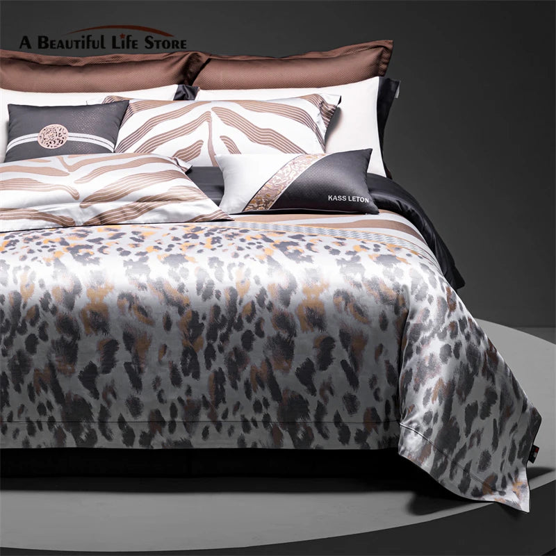 Brown Silver Sexy Leopard Print Luxury Top Grade Silky Soft Duvet Cover Set, 1500TC Egyptian Cotton Bedding Set