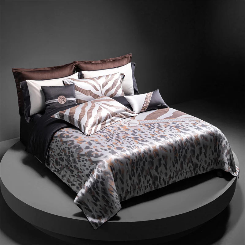 Brown Silver Sexy Leopard Print Luxury Top Grade Silky Soft Duvet Cover Set, 1500TC Egyptian Cotton Bedding Set