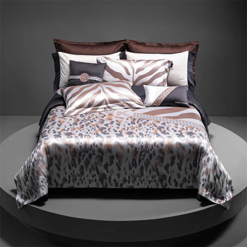 Brown Silver Sexy Leopard Print Luxury Top Grade Silky Soft Duvet Cover Set, 1500TC Egyptian Cotton Bedding Set