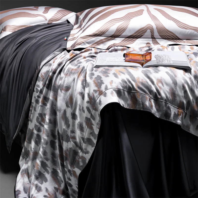 Brown Silver Sexy Leopard Print Luxury Top Grade Silky Soft Duvet Cover Set, 1500TC Egyptian Cotton Bedding Set