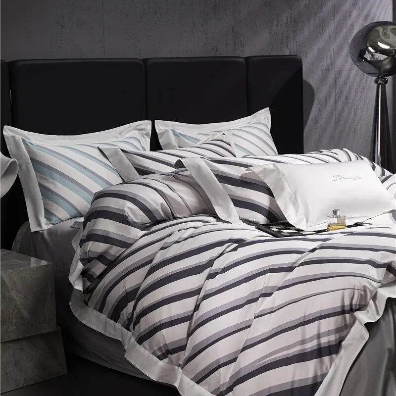 Luxury Grey Modern Black Stripe Duvet Cover Set, 1000TC Egyptian Cotton Bedding Set