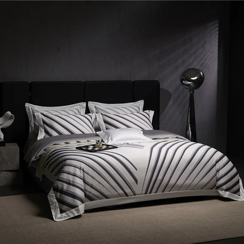 Luxury Grey Modern Black Stripe Duvet Cover Set, 1000TC Egyptian Cotton Bedding Set