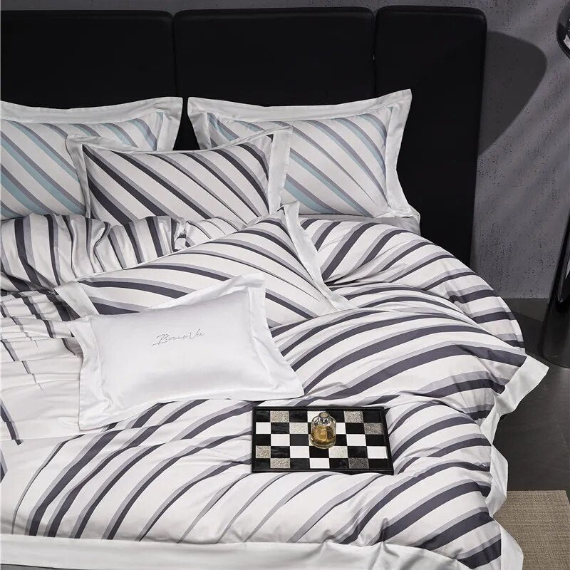 Luxury Grey Modern Black Stripe Duvet Cover Set, 1000TC Egyptian Cotton Bedding Set