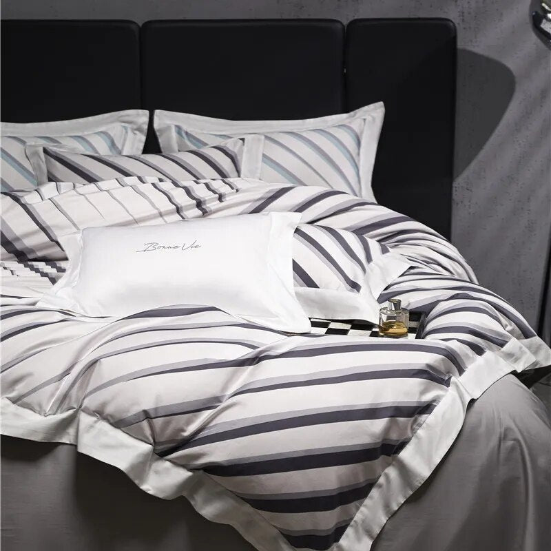 Luxury Grey Modern Black Stripe Duvet Cover Set, 1000TC Egyptian Cotton Bedding Set