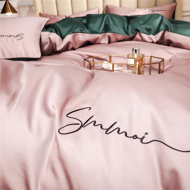 Luxury Pink Green Modern Solid Color Soft Silky Comfy Duvet Cover Set, 600TC Egyptian Cotton Bedding Set