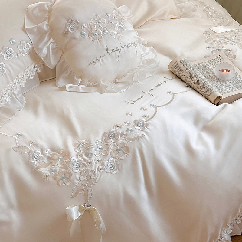 White Natural Floral Soft Silky Lace Ruffles Girls Duvet Cover, Eucalyptus Lyocell Fiber Bedding Set