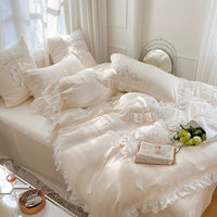 Thumbnail for White Natural Floral Soft Silky Lace Ruffles Girls Duvet Cover, Eucalyptus Lyocell Fiber Bedding Set