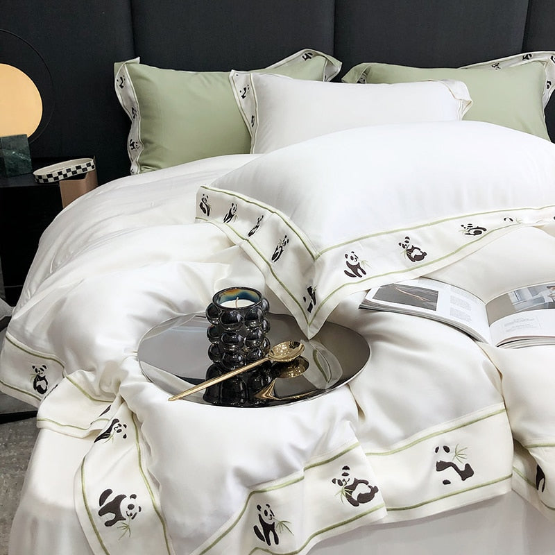 White Green Soft Cool Panda Embroidered Duvet Cover Set, Tencel 800TC Bedding Set
