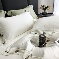 Thumbnail for White Green Soft Cool Panda Embroidered Duvet Cover Set, Tencel 800TC Bedding Set