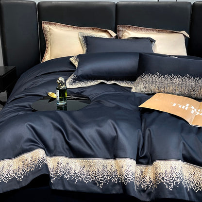 Luxury Navy Blue Burgundy Embroidered Hotel Grade Duvet Cover Set, 1000TC Egyptian Cotton Bedding Set