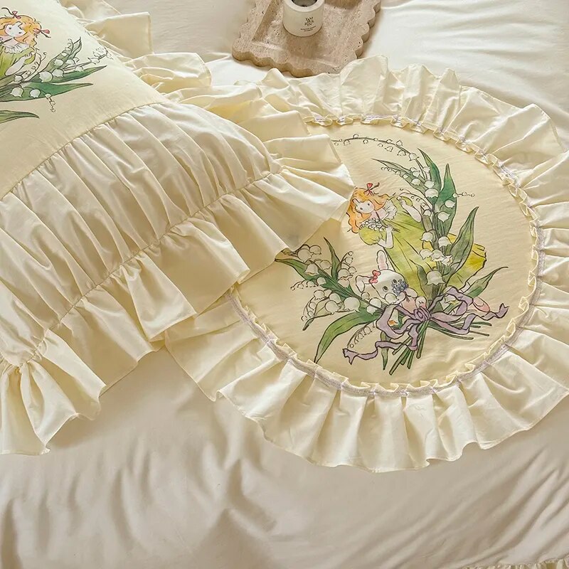 Vintage Nordic Little Girls Lace Ruffles Patchwork 100% Cotton Duvet Cover Bedding Set