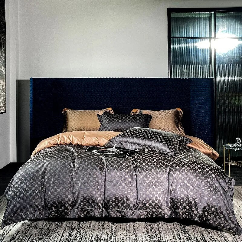 Black Brown Luxury European Patchwork Duvet Cover Set, 1000TC Cotton Bedding Set