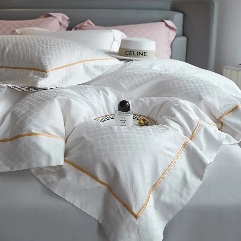 White Gold Luxury Jacquard Duvet Cover Set, 1000TC Egyptian Cotton Bedding Set