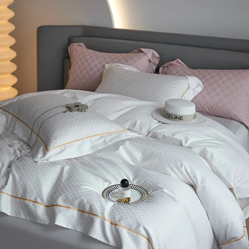 White Gold Luxury Jacquard Duvet Cover Set, 1000TC Egyptian Cotton Bedding Set