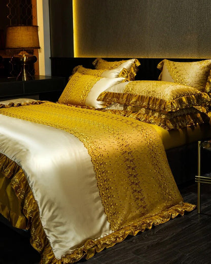 Gold Orange Baroque European Silky Duvet Cover Set Linen Satin 1000TC Bedding Set