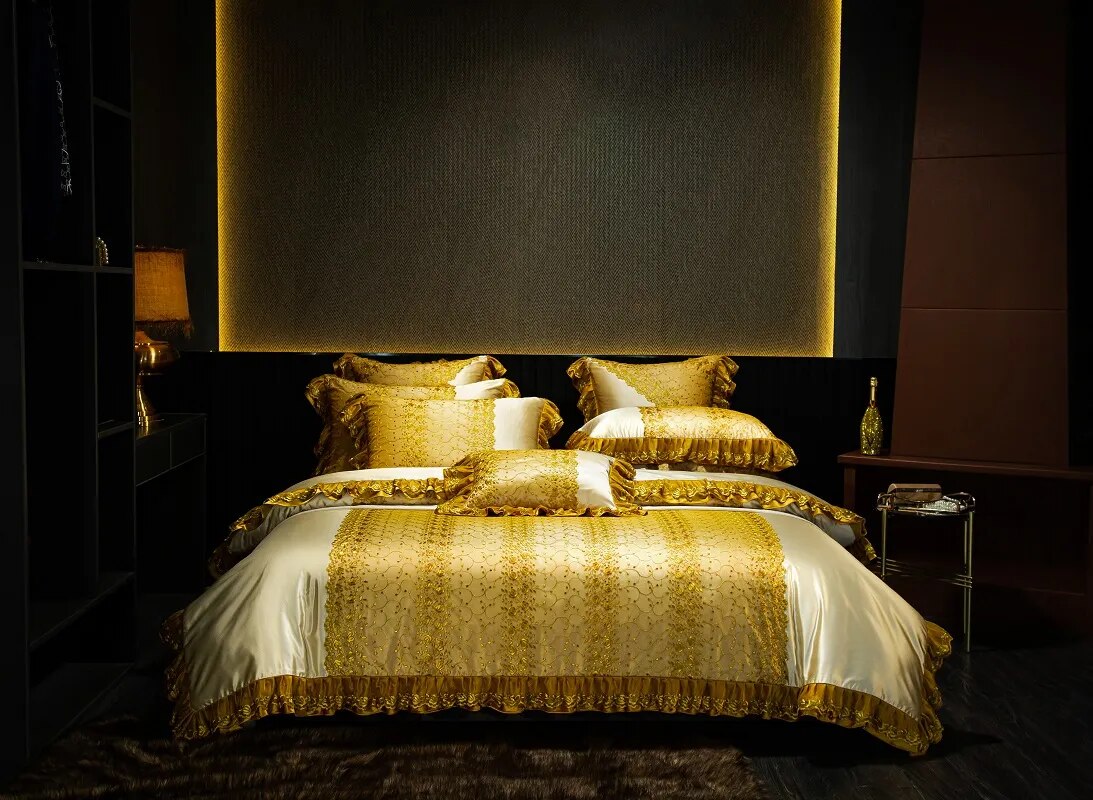 Gold Orange Baroque European Silky Duvet Cover Set Linen Satin 1000TC Bedding Set