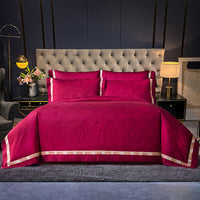 Thumbnail for Grey Red Burgundy Embroidery Satin Jacquard Duvet Cover Set, Egyptian Cotton 1400TC Bedding Set