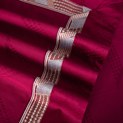 Grey Red Burgundy Embroidery Satin Jacquard Duvet Cover Set, Egyptian Cotton 1400TC Bedding Set