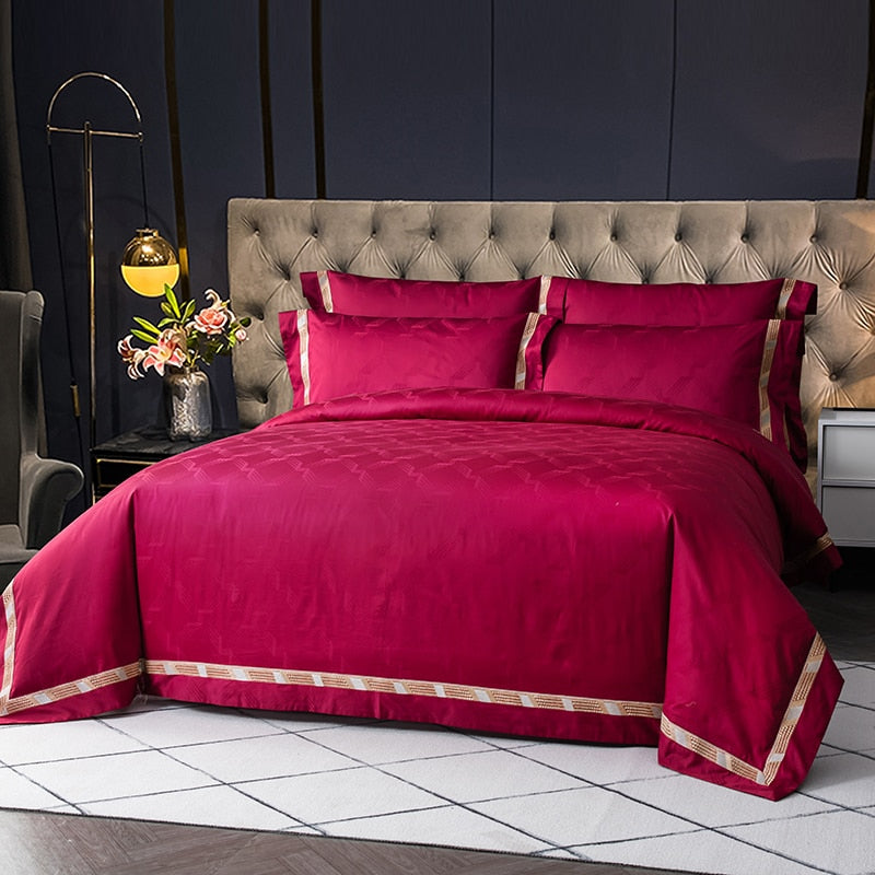 Grey Red Burgundy Embroidery Satin Jacquard Duvet Cover Set, Egyptian Cotton 1400TC Bedding Set