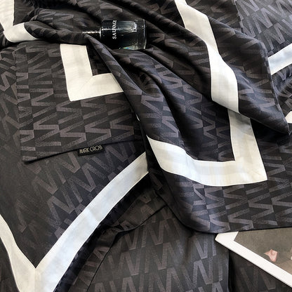 Black White Luxury Jacquard Patchwork Duvet Cover, Bamboo Fiber 100% Bedding Set