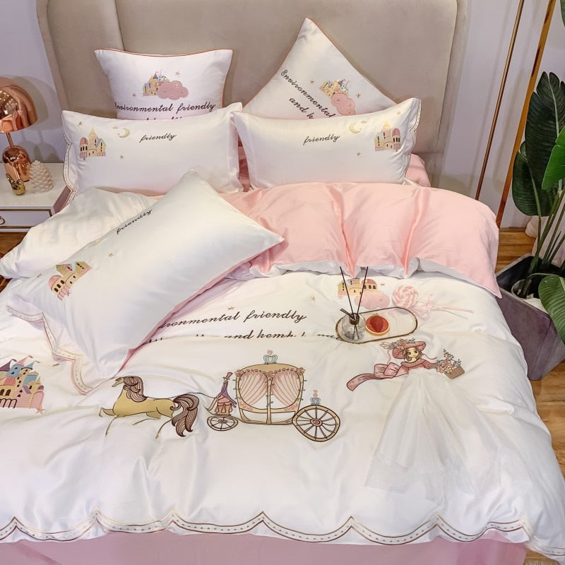 Princess White Pink Lace Skirt Castle Embroidered Duvet Cover Set, Silk Cotton Bedding Set for Girls