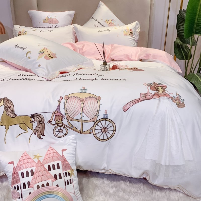 Princess White Pink Lace Skirt Castle Embroidered Duvet Cover Set, Silk Cotton Bedding Set for Girls