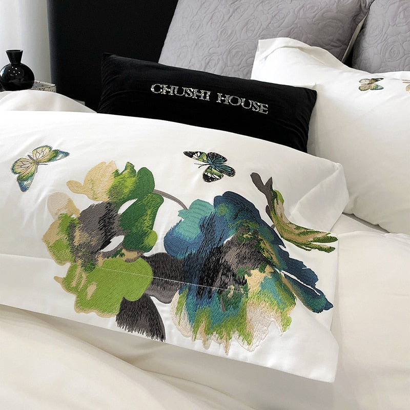 White Grey Luxury Flower Egyptian Cotton 1000TC Art Paint Embroidery Duvet Cover Bedding Set