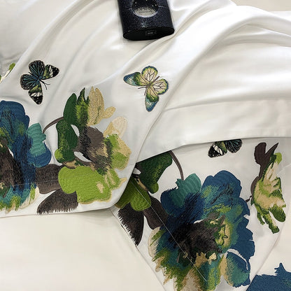 White Grey Luxury Flower Egyptian Cotton 1000TC Art Paint Embroidery Duvet Cover Bedding Set
