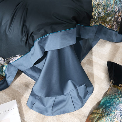 Luxury White Dark Blue Garden Flower Quilt Soft Duvet Cover Set, 1000TC Egyptian Cotton Bedding Set