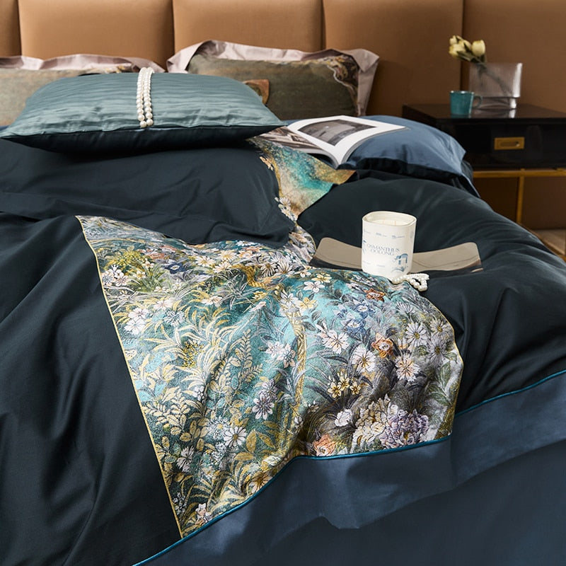 Luxury White Dark Blue Garden Flower Quilt Soft Duvet Cover Set, 1000TC Egyptian Cotton Bedding Set