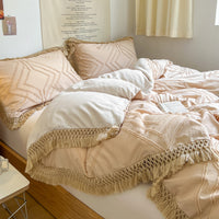 Thumbnail for Brown White Pink Flower Tassel Edge Jacquard Bohemia Duvet Cover Set, Cotton 400TC Bedding Set