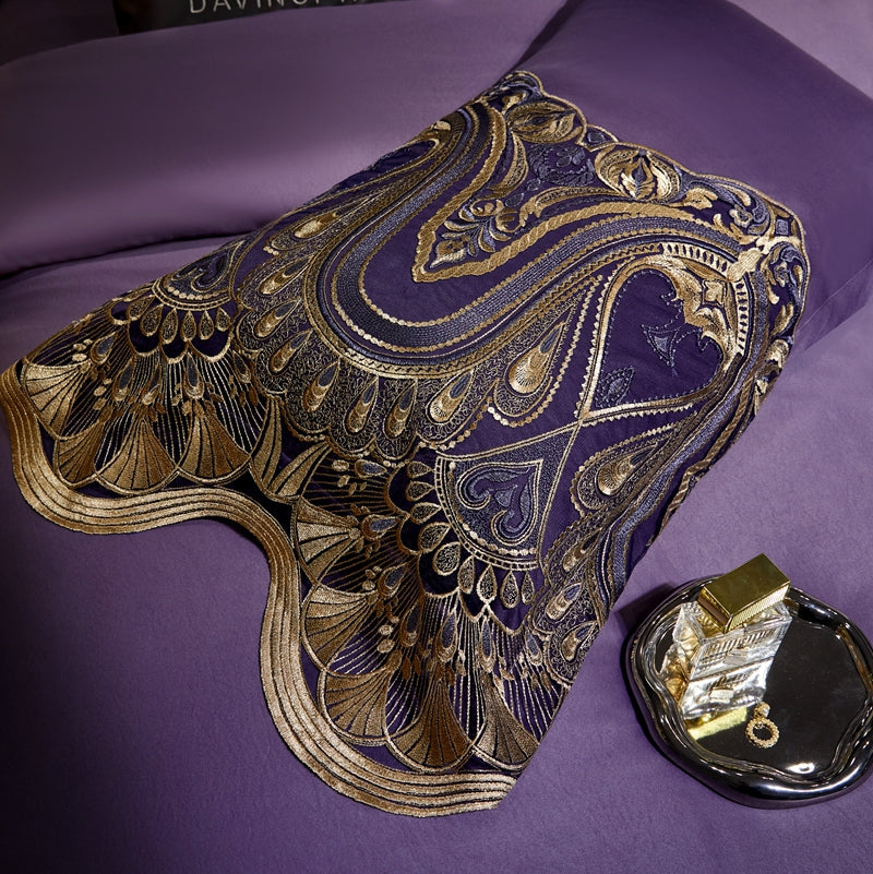 Gold Purple Europe Baroque Lace Edge Palace Soft Silky Duvet Cover Set, 1200TC Egyptian Cotton Bedding Set