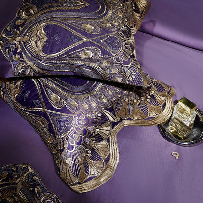 Gold Purple Europe Baroque Lace Edge Palace Soft Silky Duvet Cover Set, 1200TC Egyptian Cotton Bedding Set