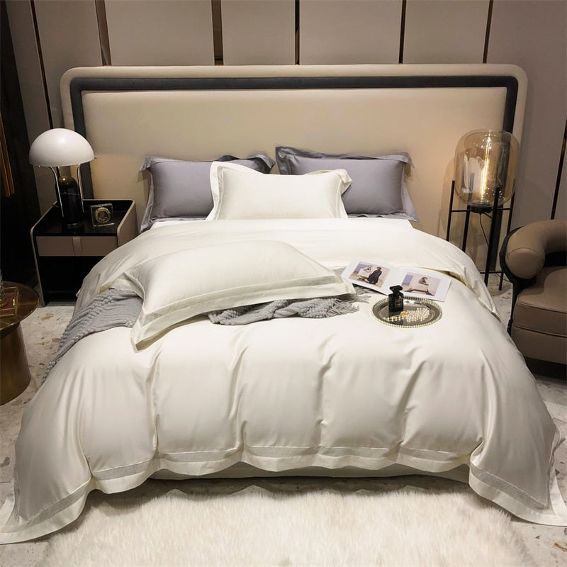 Luxury White Gold Champagne Hotel Style Wedding Duvet Cover Set, 1000TC Egyptian Cotton Bedding Set