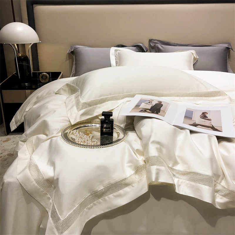 Luxury White Gold Champagne Hotel Style Wedding Duvet Cover Set, 1000TC Egyptian Cotton Bedding Set