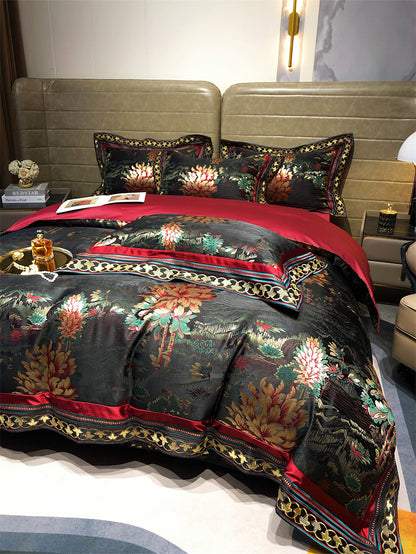 Luxury Black Burgundy Silk Flower Jacquard Europe Embroidered Duvet Cover Set, Egyptian Cotton 1000TC Bedding Set