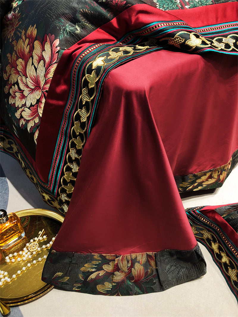 Luxury Black Burgundy Silk Flower Jacquard Europe Embroidered Duvet Cover Set, Egyptian Cotton 1000TC Bedding Set
