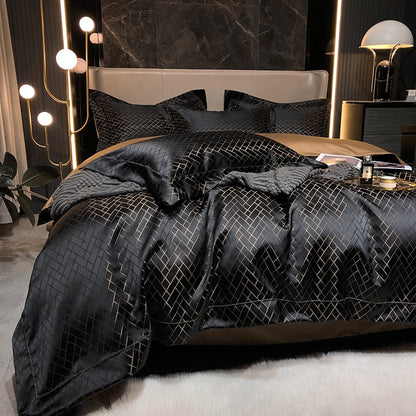 Luxury Black Gold Patchwork Jacquard Duvet Cover Set, Egyptian Cotton 1000TC Bedding Set