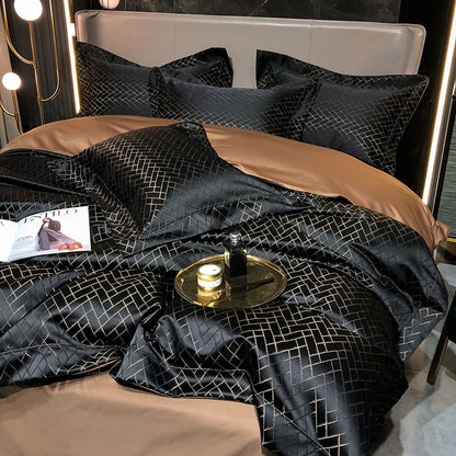 Luxury Black Gold Patchwork Jacquard Duvet Cover Set, Egyptian Cotton 1000TC Bedding Set