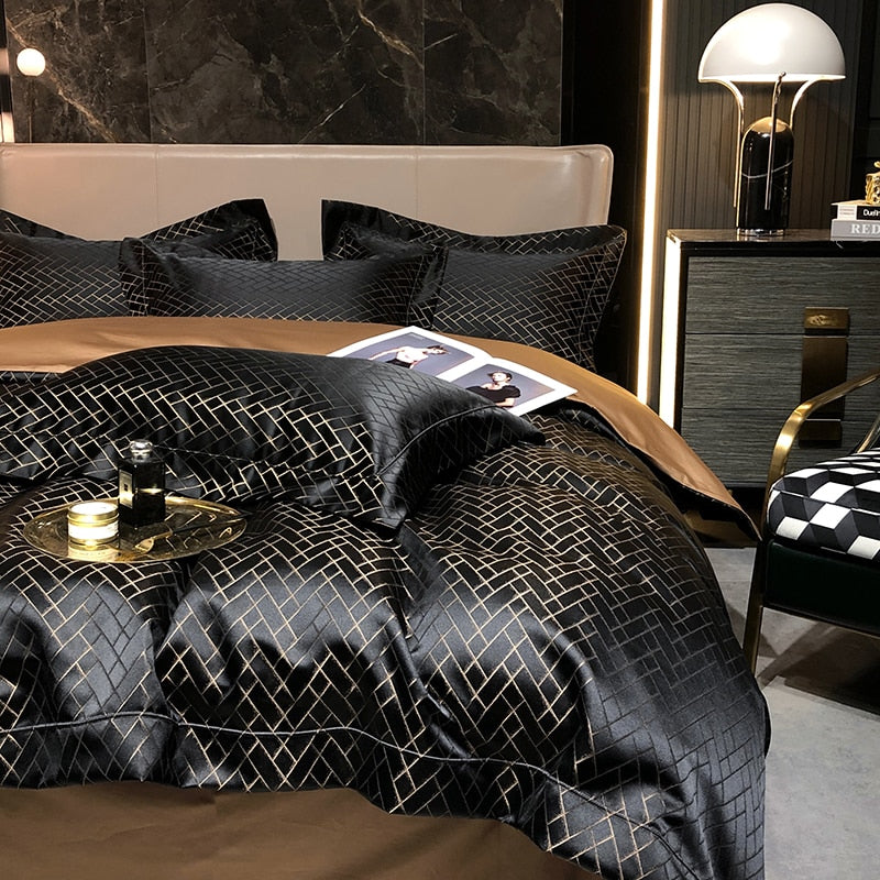 Luxury Black Gold Patchwork Jacquard Duvet Cover Set, Egyptian Cotton 1000TC Bedding Set