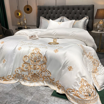 Luxury White Gold Baroque Europe Embroidery Duvet Cover Set, Polyester Bedding Set