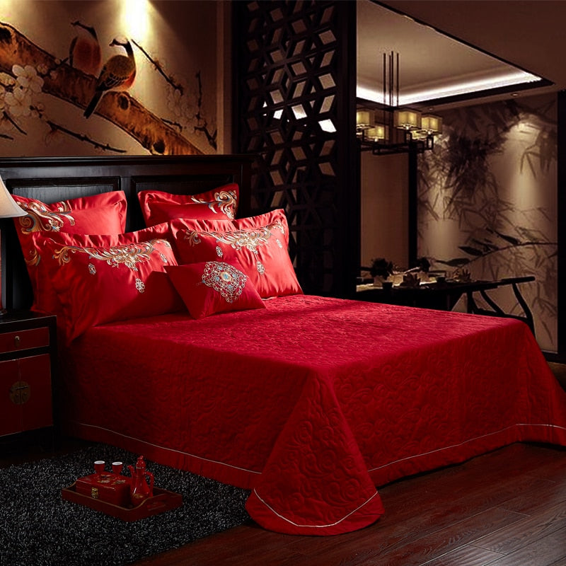 Luxury Red Gold Oriental Wedding Royal Embroidered Duvet Cover Set, Cotton Fabric Bedding Set