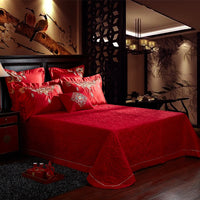 Thumbnail for Luxury Red Gold Oriental Wedding Royal Embroidered Duvet Cover Set, Cotton Fabric Bedding Set