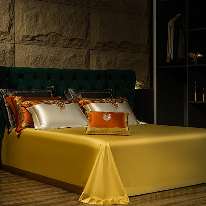 Luxury Gold Blue Baroque Europe Silk Embroidered Duvet Cover Set, 1200TC Egyptian Cotton Bedding Set