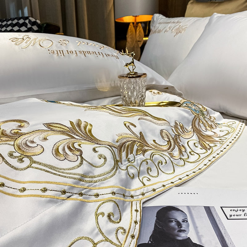 Luxury White Gold Feather Peacock Soft Silky Embroidered Duvet Cover Set, 600TC Satin Silk Cotton Bedding Set