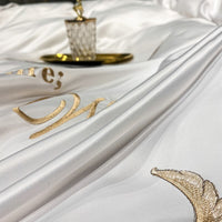 Thumbnail for Luxury White Gold Feather Peacock Soft Silky Embroidered Duvet Cover Set, 600TC Satin Silk Cotton Bedding Set