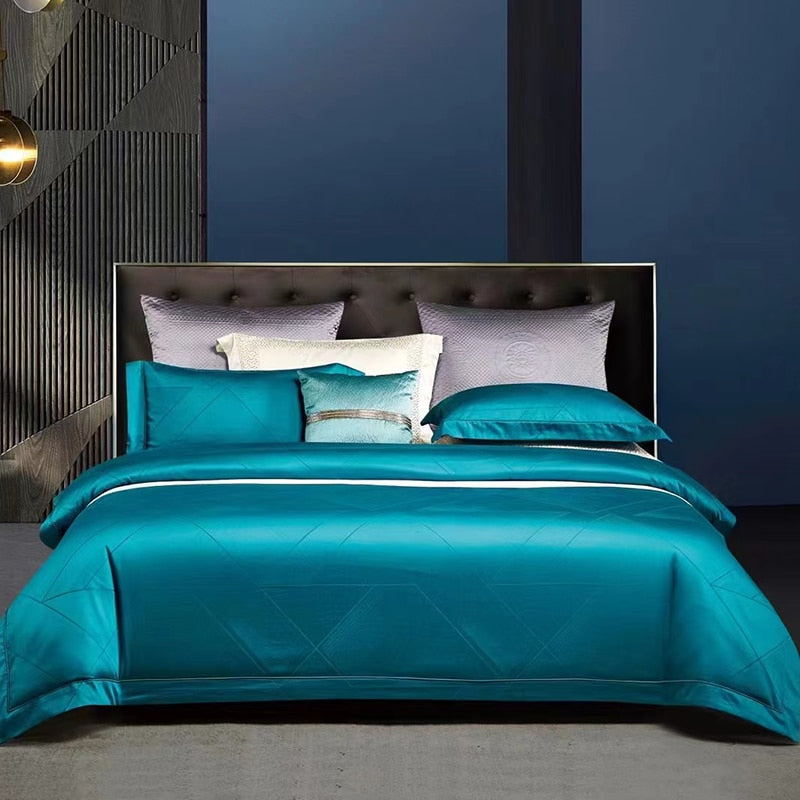 Luxury Green Blue Jacquard Hotel Grade Duvet Cover Set, 1000TC Egyptian Cotton Bedding Set