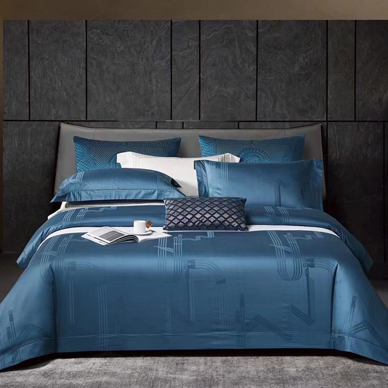 Luxury Green Blue Jacquard Hotel Grade Duvet Cover Set, 1000TC Egyptian Cotton Bedding Set