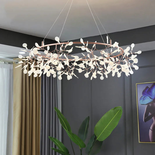 Rose Gold Nordic Chandelier Art Lighting Hanging living Room Restaurant Kitchen Firefly Lamp Branch Round